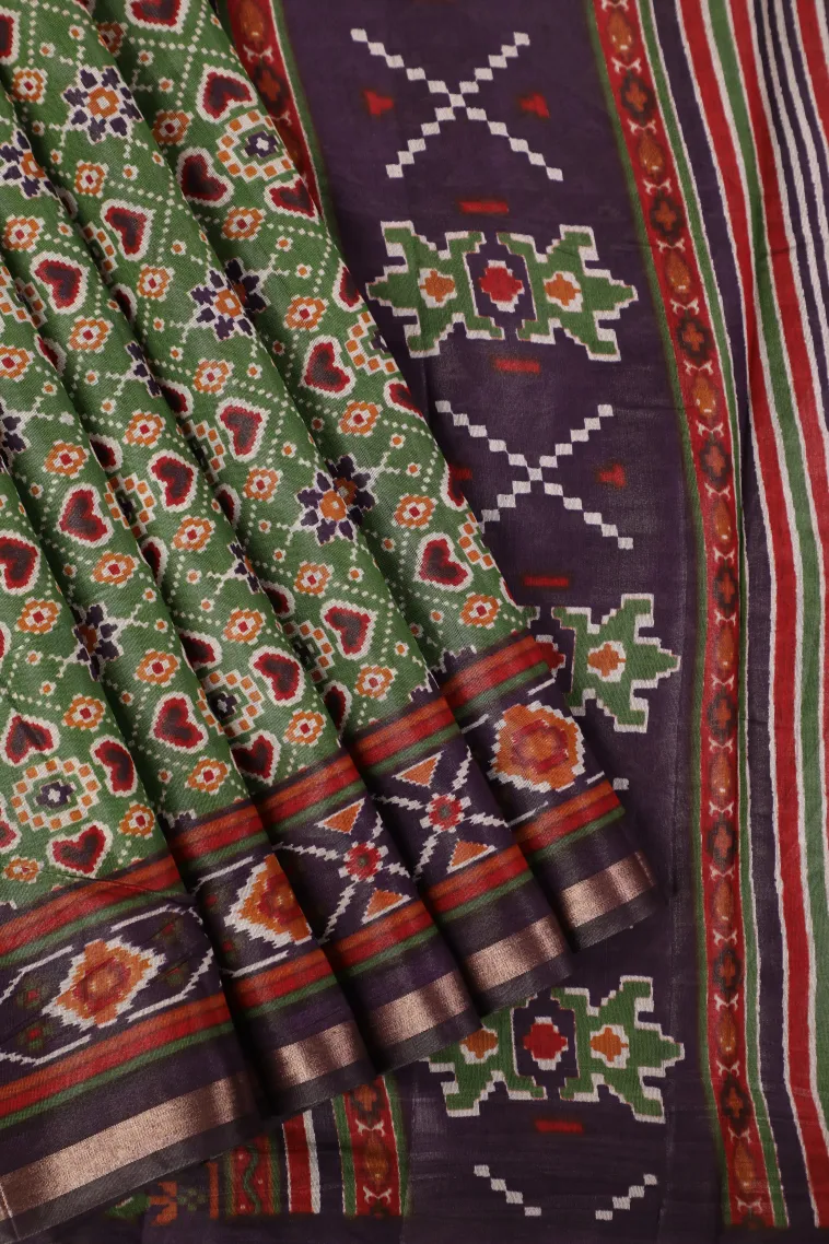 Pine Green Chanderi Cotton Sarees with Gold Zari Geometric Shapes view 1