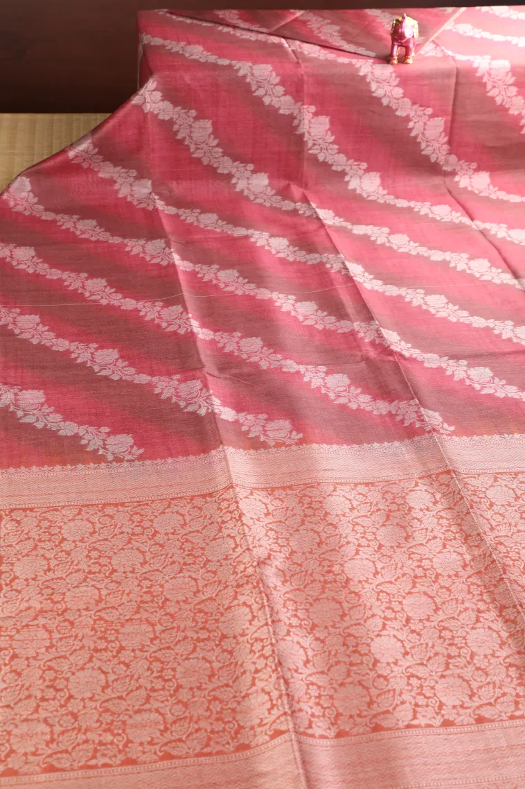 Blush Red Tussar Saree with Bronze Zari Cross Stripes view 2