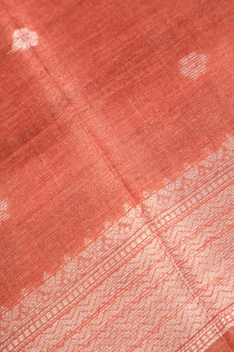 Blush Red Tussar Saree with Bronze Zari Cross Stripes view 3