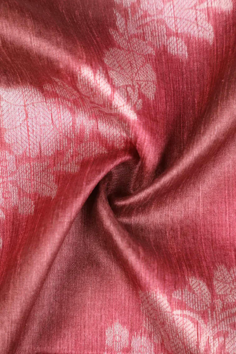 Blush Red Tussar Saree with Bronze Zari Cross Stripes view 4