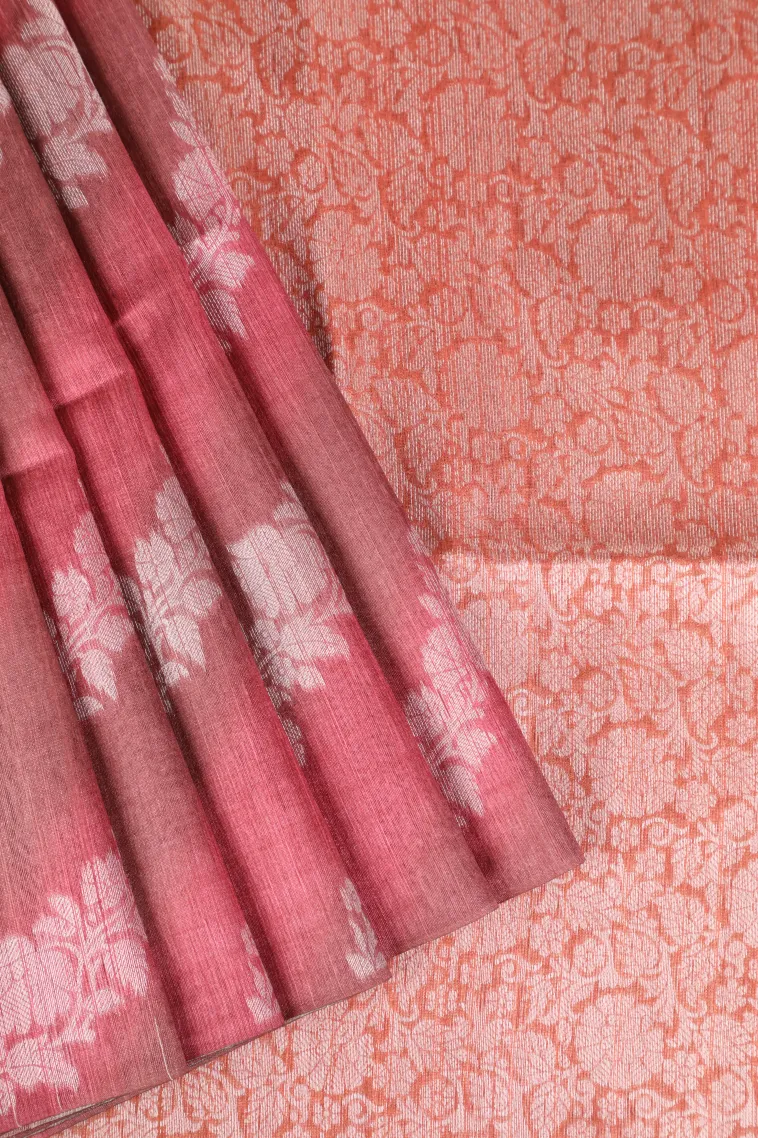 Blush Red Tussar Saree with Bronze Zari Cross Stripes