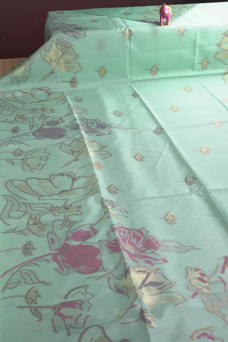 Mint Green Tussar Saree with Antic Zari Floral Patterns view 2