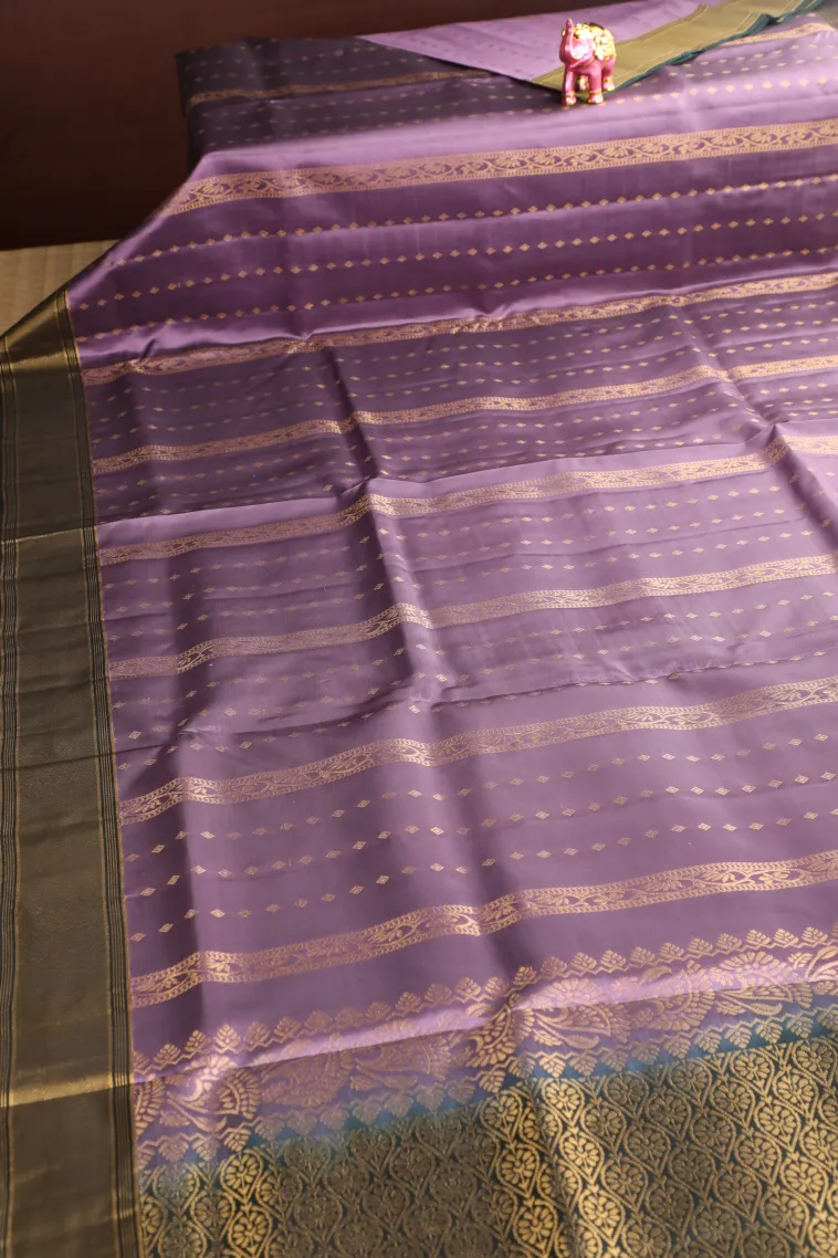 Heather Purple Soft Silk Saree with Gold Zari Stripes And Puttas view 2