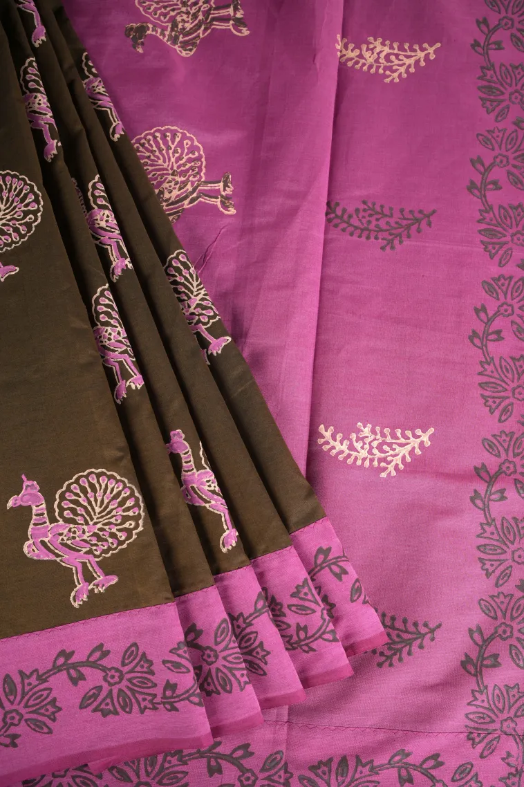 Coffee Brown Poly Cotton Sarees Without Zari With Peacock Motifs