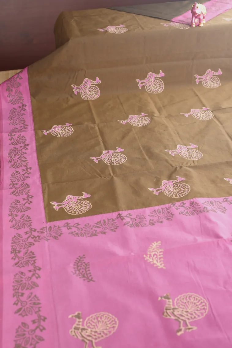 Coffee Brown Poly Cotton Sarees Without Zari With Peacock Motifs view 2
