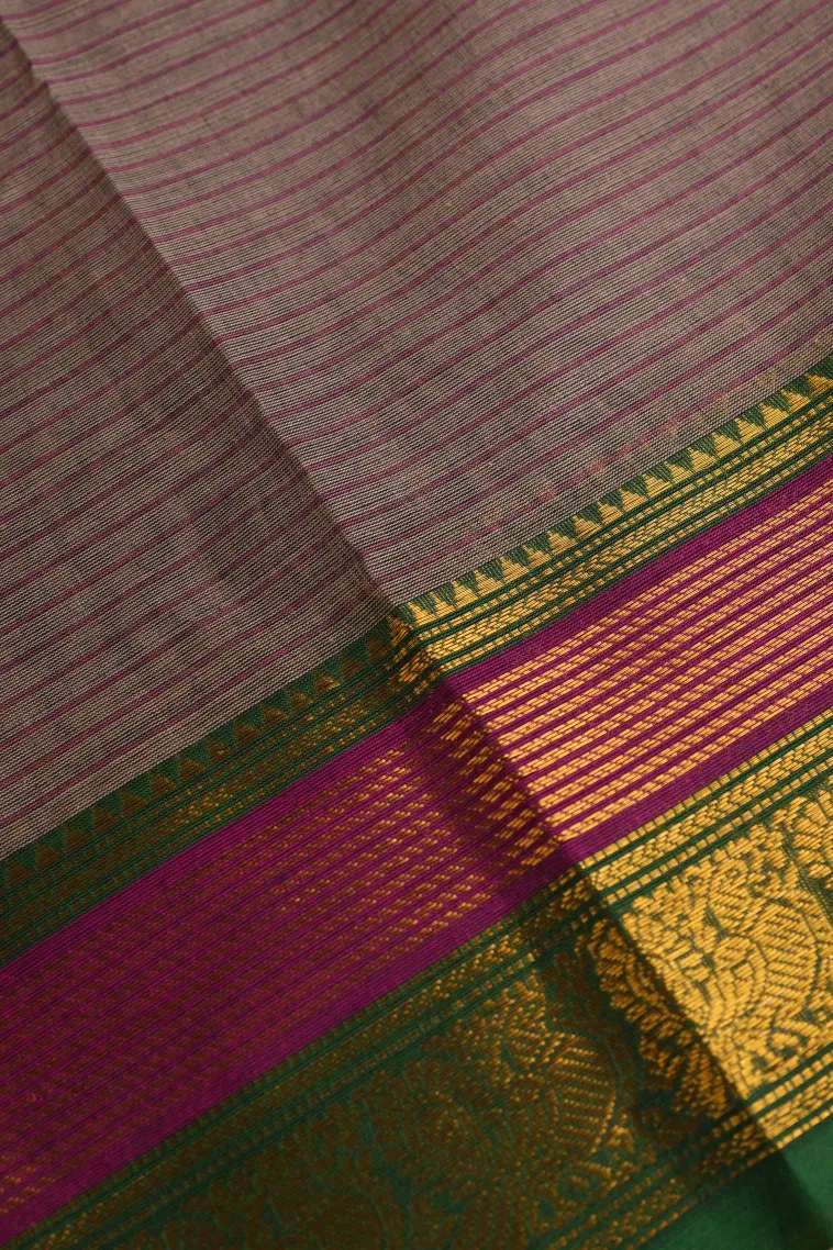 Damp Black Chettinad Cotton Sarees with Gold Zari Stripes view 3