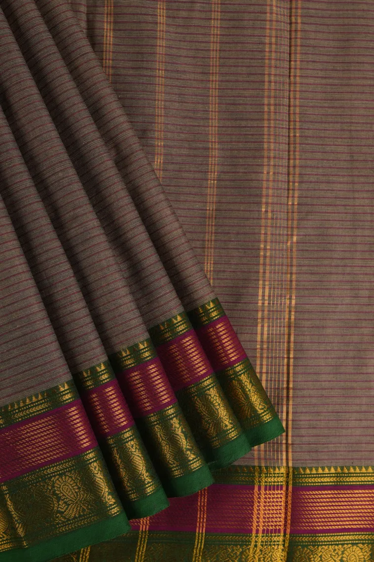 Damp Black Chettinad Cotton Sarees with Gold Zari Stripes