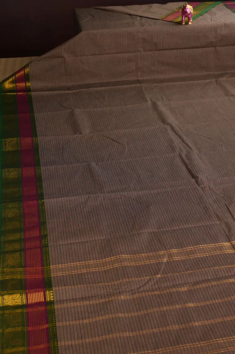 Damp Black Chettinad Cotton Sarees with Gold Zari Stripes view 2
