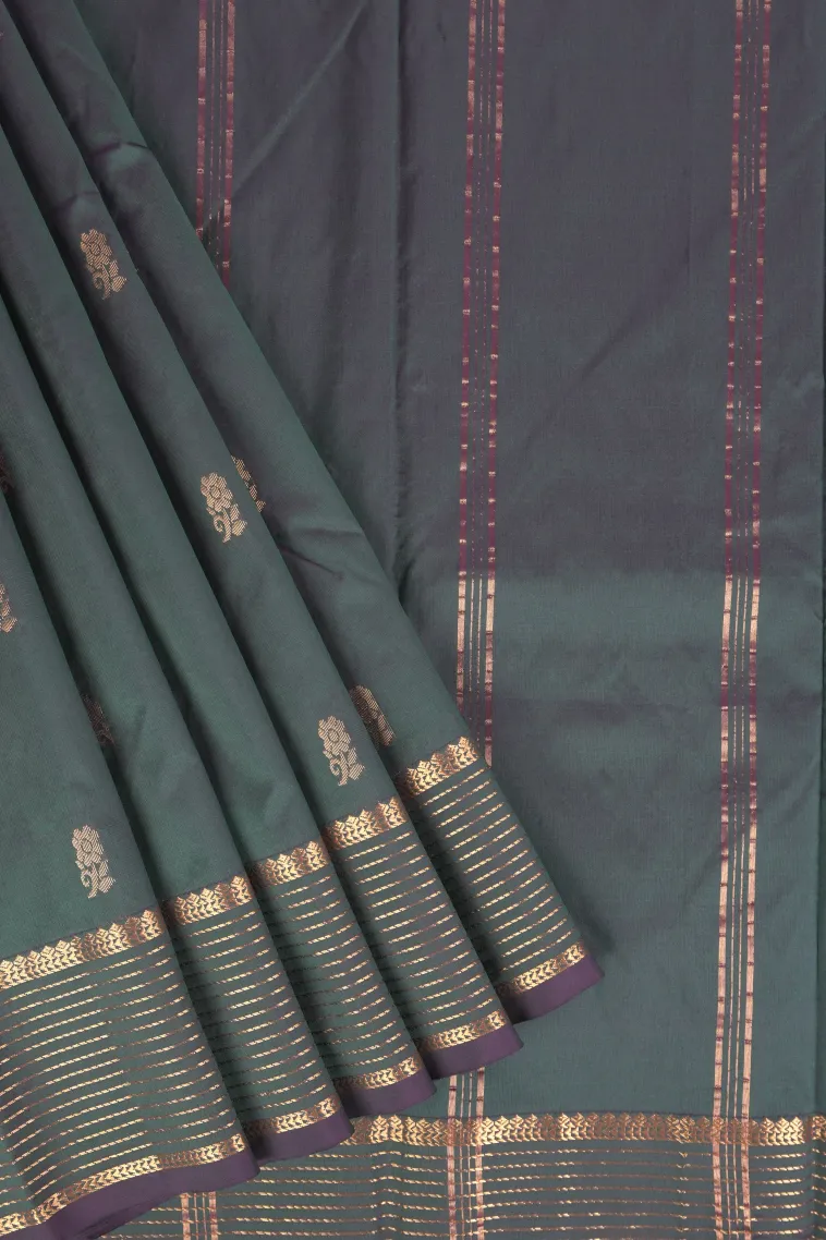Bottle Green Soft Silk Saree with Gold Zari Flower Mottif
