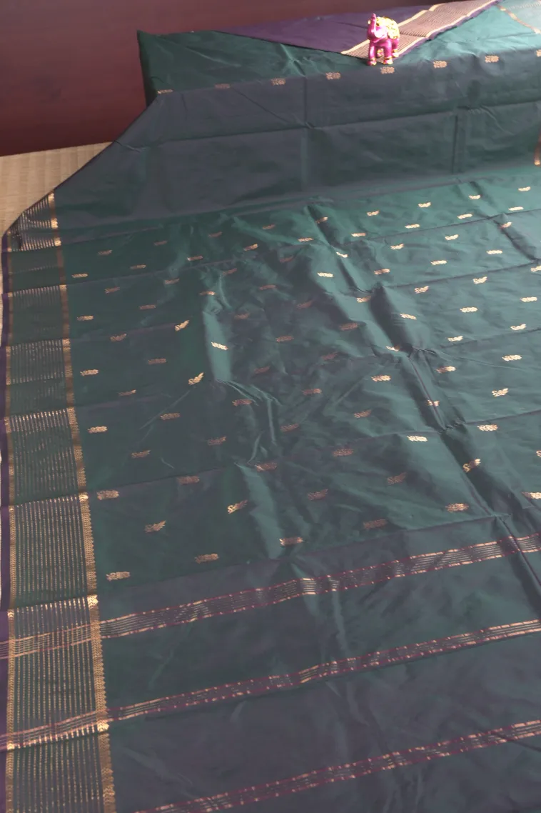 Bottle Green Soft Silk Saree with Gold Zari Flower Mottif view 2