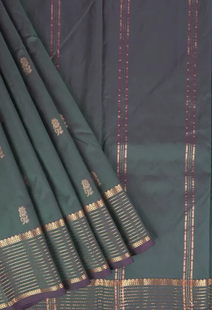 Bottle Green Soft Silk Saree with Gold Zari Flower Mottif