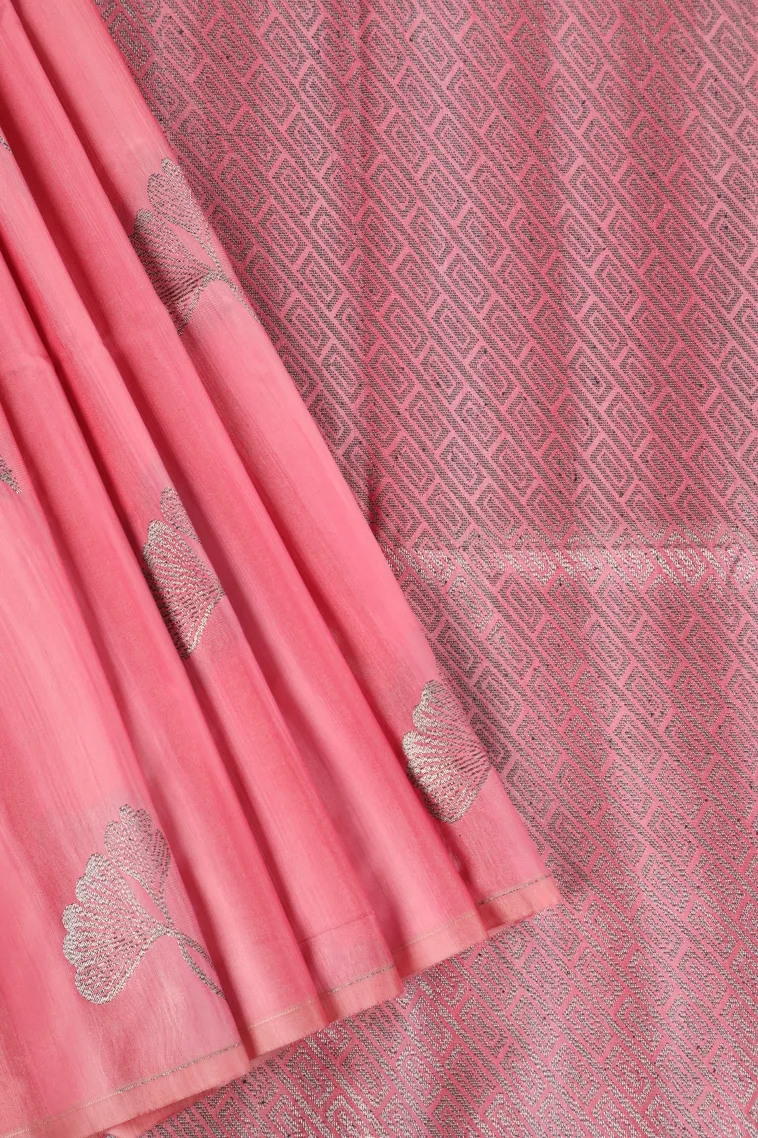 Rose Pink Soft Silk Saree with Antic Zari Flower Mottif view 1