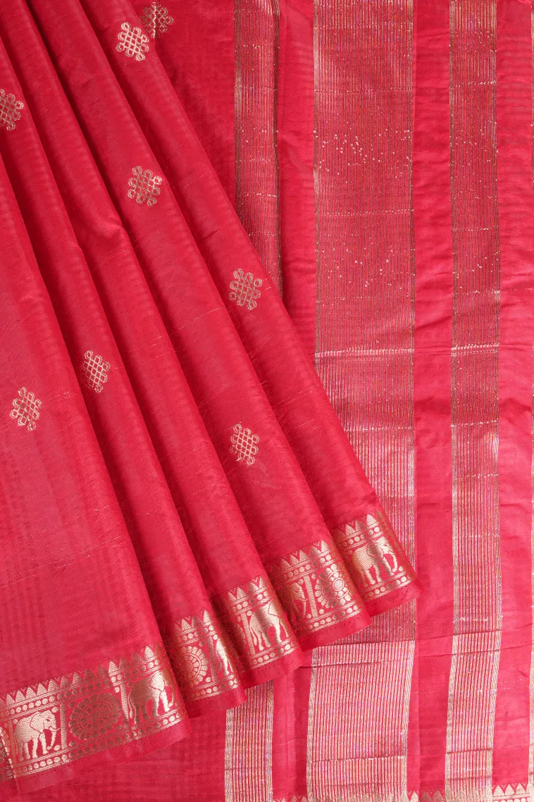 Rose Red Raw Silk Sarees with Gold Zari Rangoli Pattren