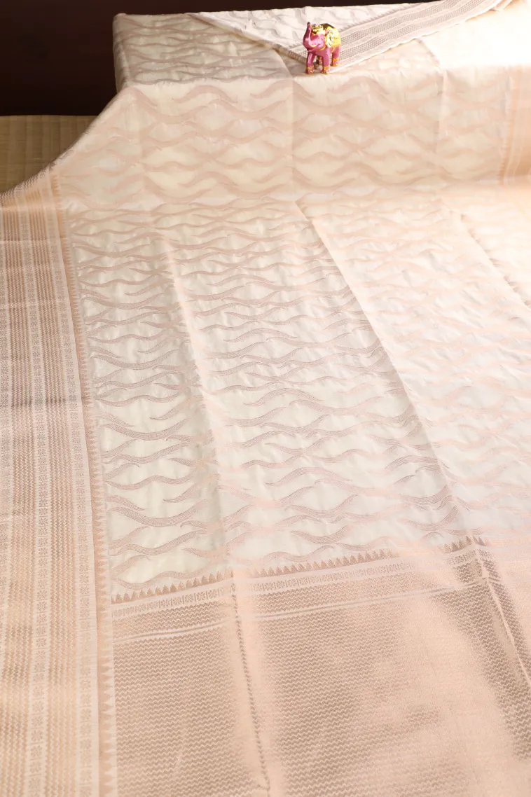 Cotton White Banaras Sarees with Copper Zari Leaf Pattern view 2