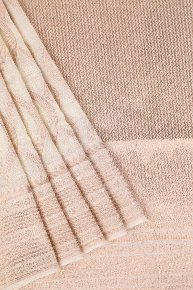 Cotton White Banaras Sarees with Copper Zari Leaf Pattern