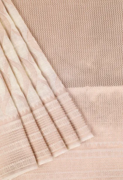 Cotton White Banaras Sarees with Copper Zari Leaf Pattern
