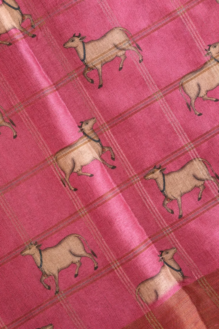 Ballet Pink Tussar Saree with Gold And Silver Zari Checks view 3