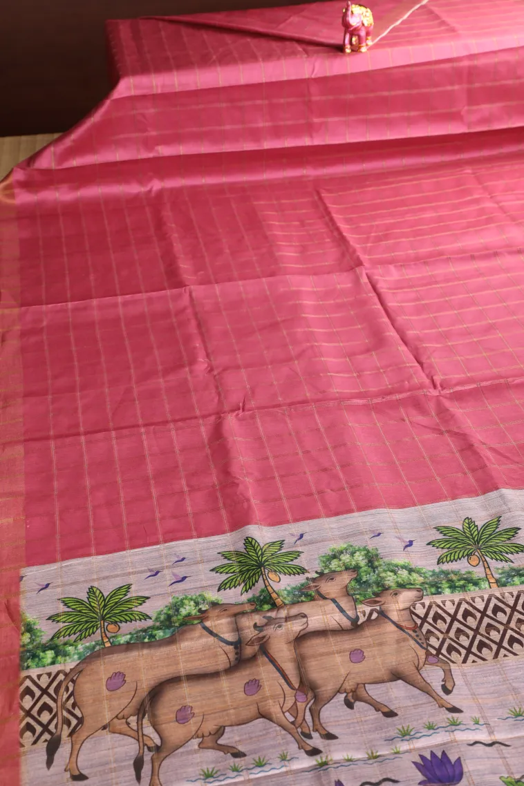 Ballet Pink Tussar Saree with Gold And Silver Zari Checks view 2