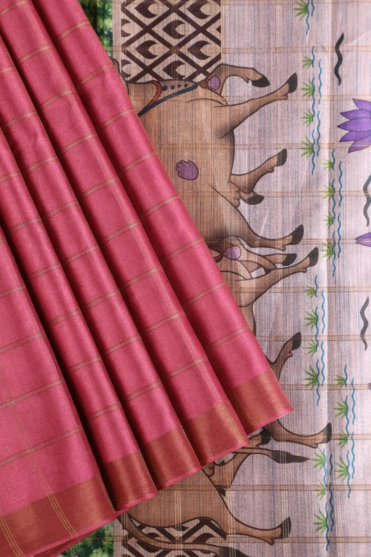 Ballet Pink Tussar Saree with Gold And Silver Zari Checks