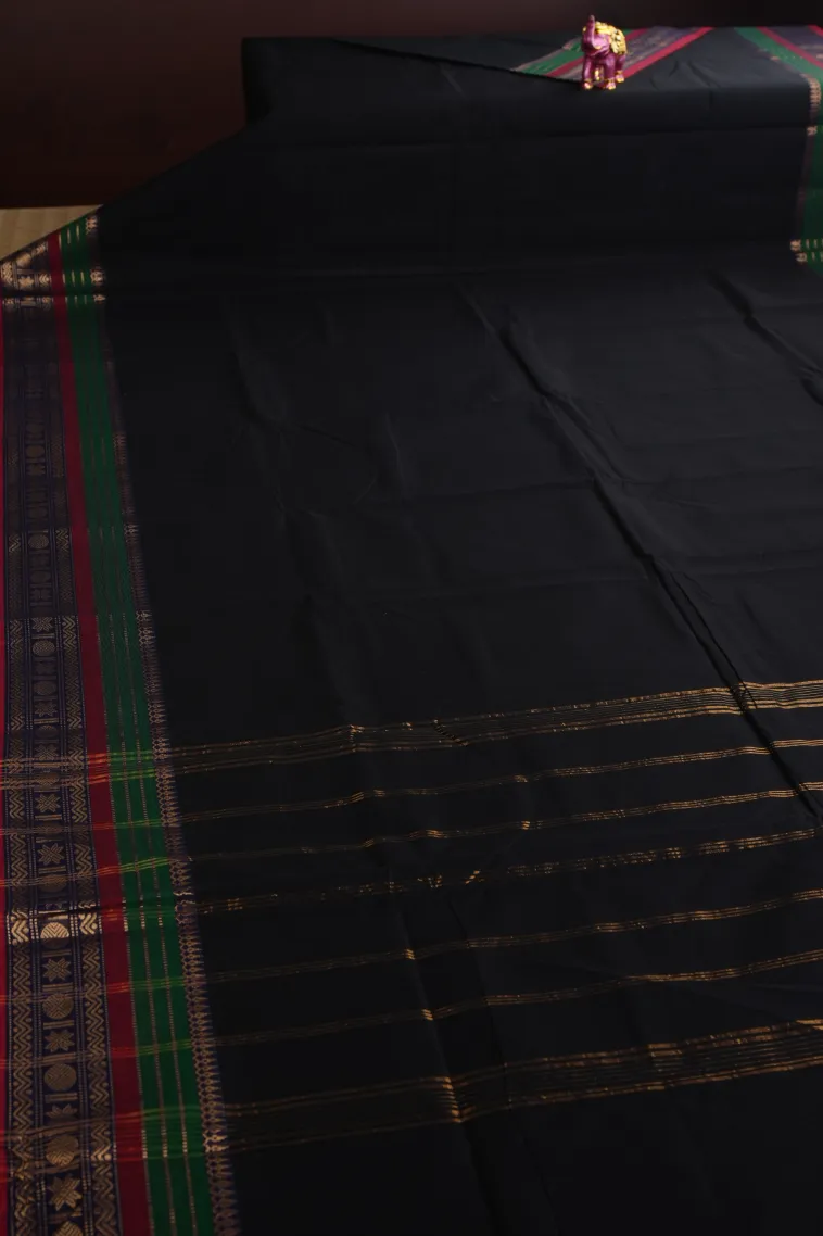 Asphalt Black Chettinad Cotton Sarees with Gold Zari Plain view 2