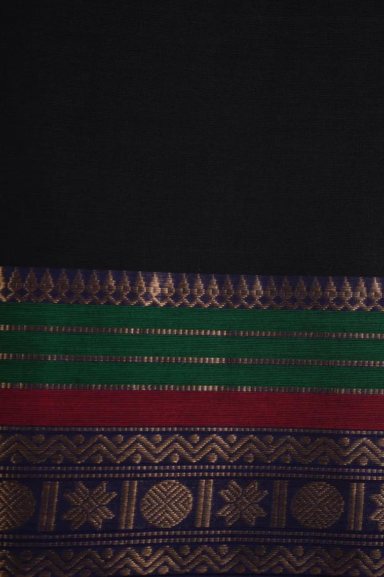 Asphalt Black Chettinad Cotton Sarees with Gold Zari Plain view 3