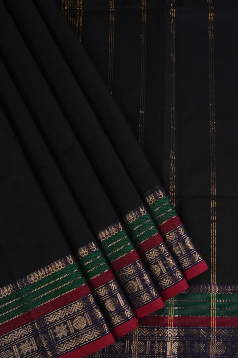 Asphalt Black Chettinad Cotton Sarees with Gold Zari Plain
