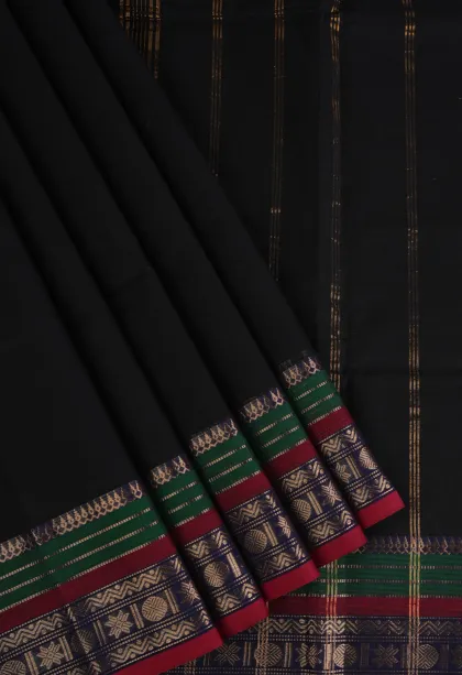 Asphalt Black Chettinad Cotton Sarees with Gold Zari Plain
