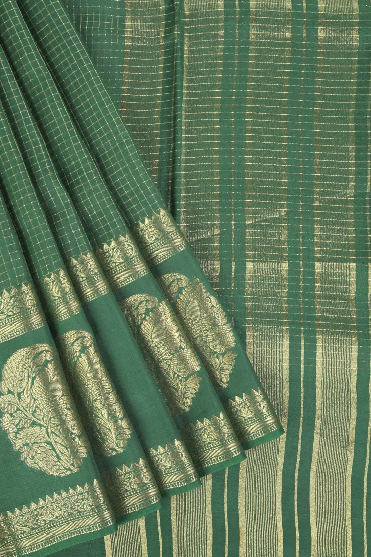 Bottle Green Banaras Sarees with Gold Zari Small Checks Pattern
