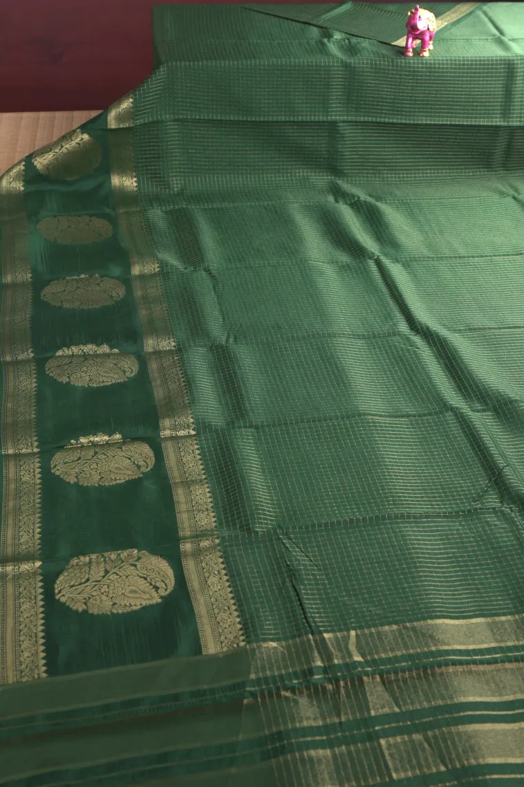 Bottle Green Banaras Sarees with Gold Zari Small Checks Pattern view 2