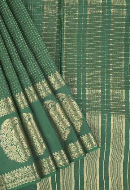 Bottle Green Banaras Sarees with Gold Zari Small Checks Pattern