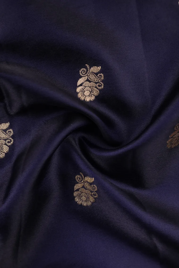 Indigo Blue Mysore Silk with Gold Zari Flower Mottif view 4