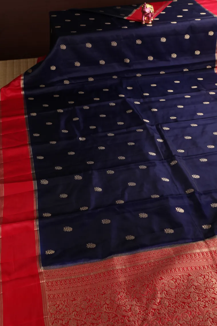 Indigo Blue Mysore Silk with Gold Zari Flower Mottif view 2