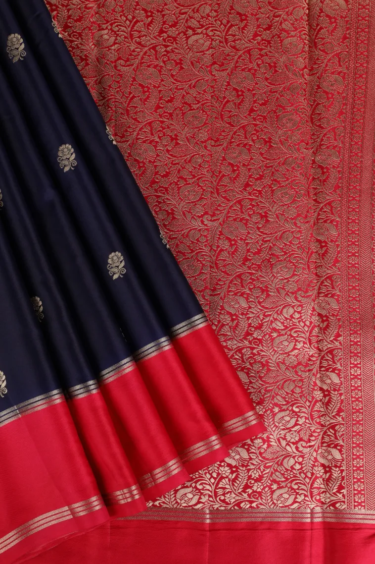 Indigo Blue Mysore Silk with Gold Zari Flower Mottif view 1