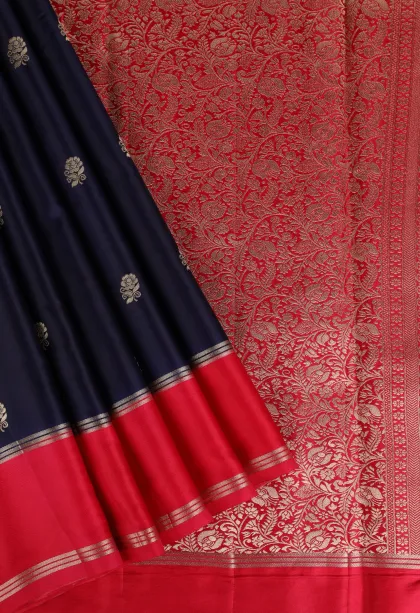 Indigo Blue Mysore Silk with Gold Zari Flower Mottif