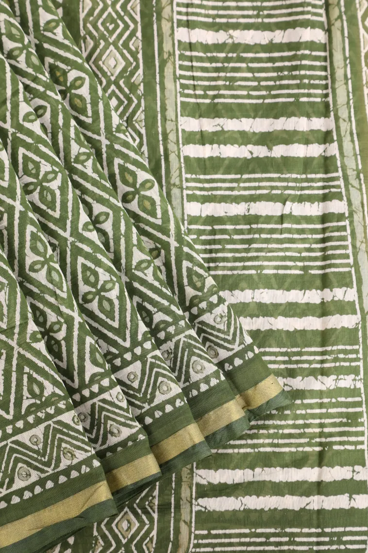 Paris Green Chanderi Cotton Sarees with Gold Zari Geometric Shapes view 1