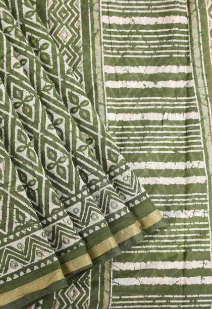 Paris Green Chanderi Cotton Sarees with Gold Zari Geometric Shapes