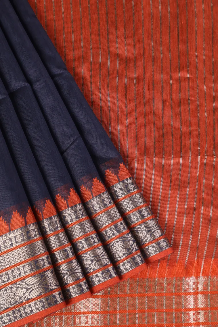 Indigo Blue Semi Tussar Silk with Bronze Zari Plain