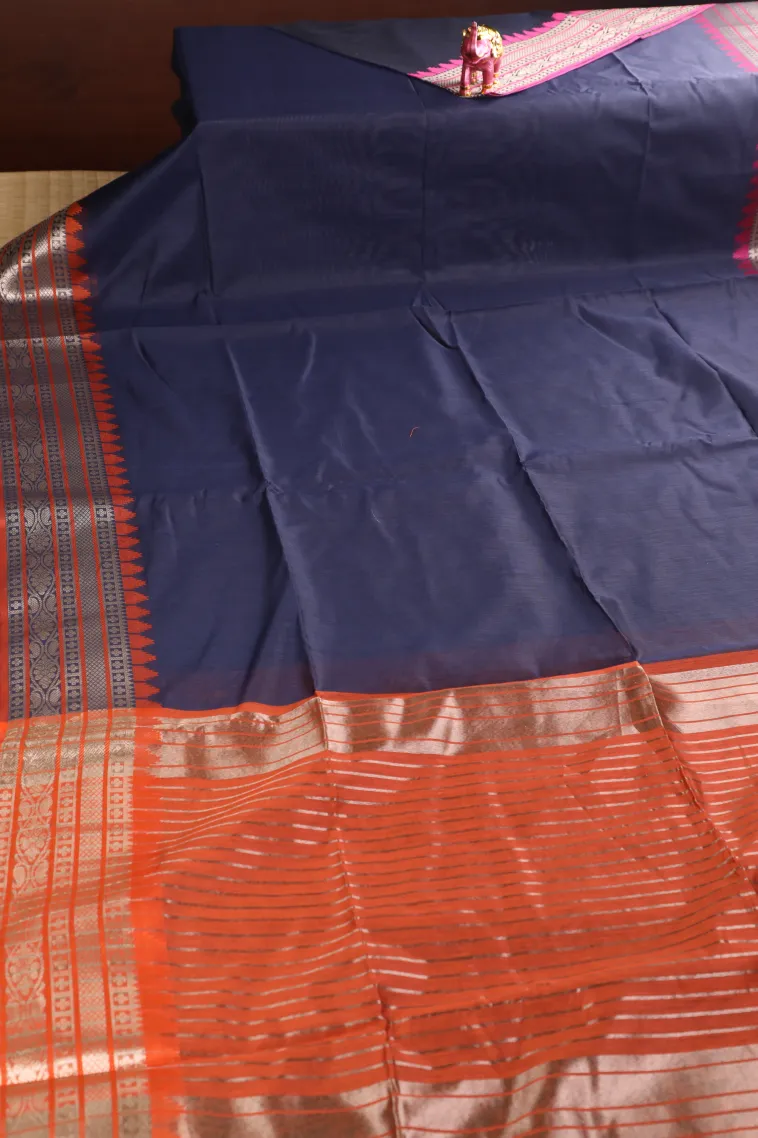 Indigo Blue Semi Tussar Silk with Bronze Zari Plain view 2
