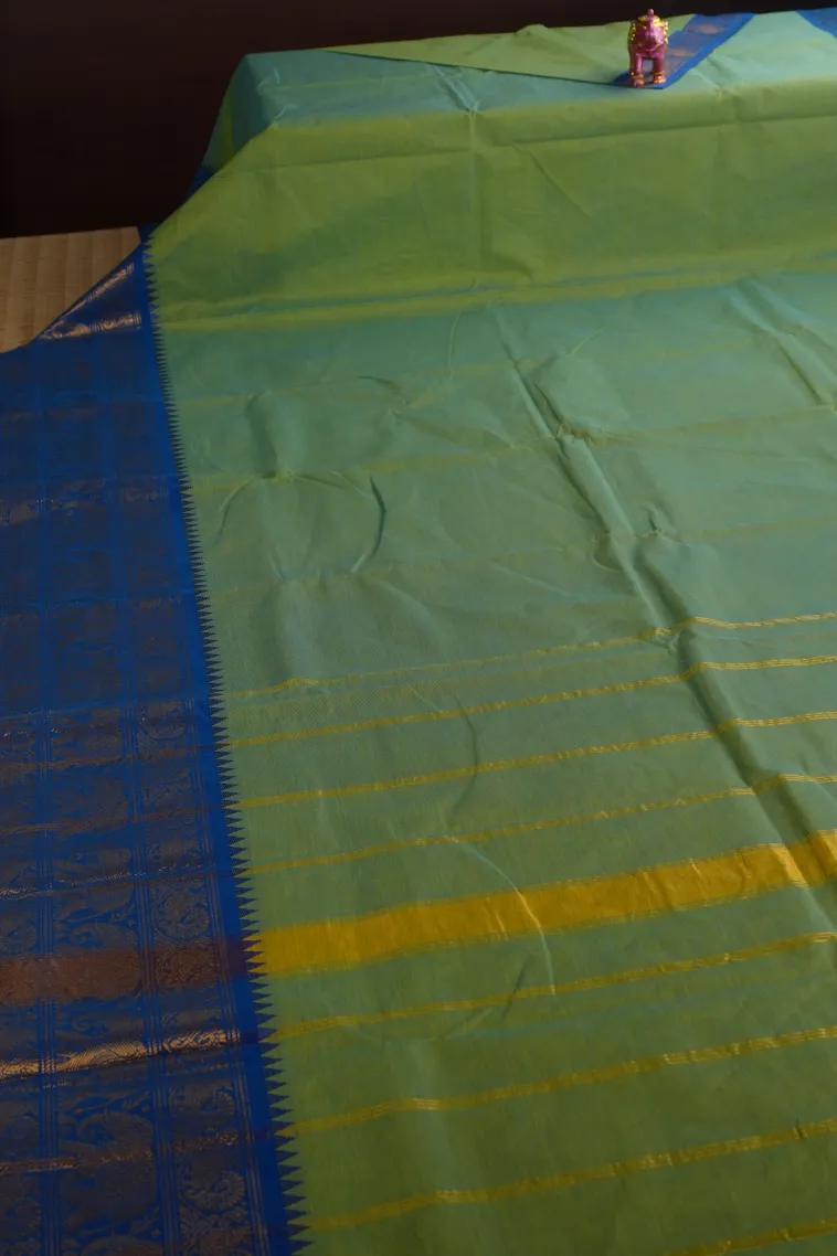 Olive Green Chettinad Cotton Sarees with Gold Zari Plain view 2