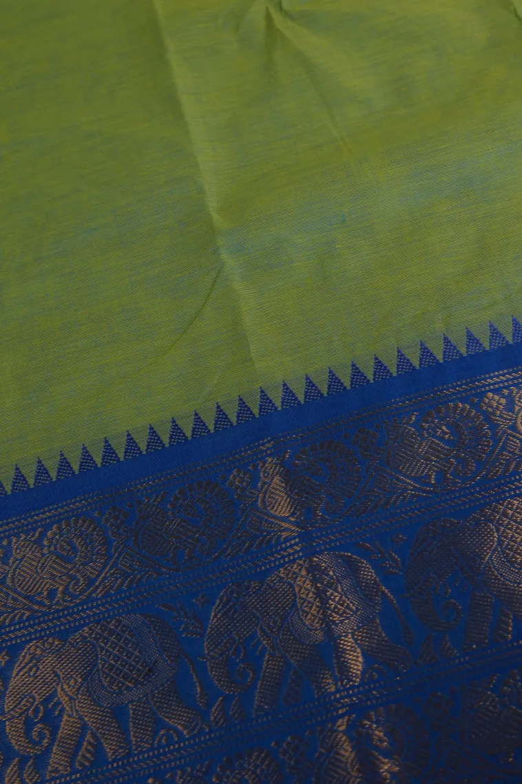 Olive Green Chettinad Cotton Sarees with Gold Zari Plain view 3
