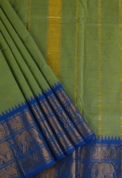 Olive Green Chettinad Cotton Sarees with Gold Zari Plain