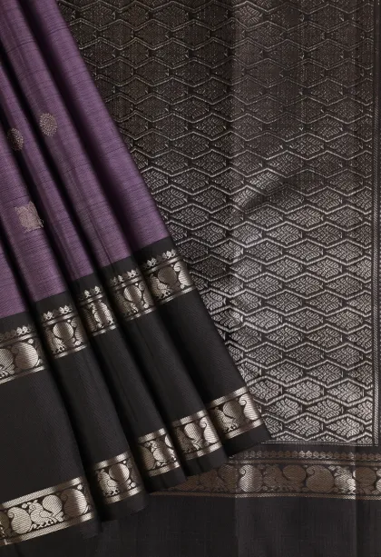 Mauve Purple Kanchipuram Silk Sarees with Silver Zari Rudhracham Annam Motif