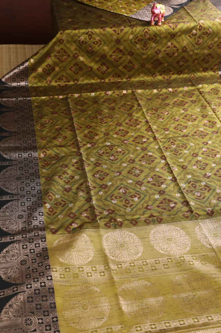 Olive Green Semi Tussar Silk with Bronze Zari Geometric Shapes view 2