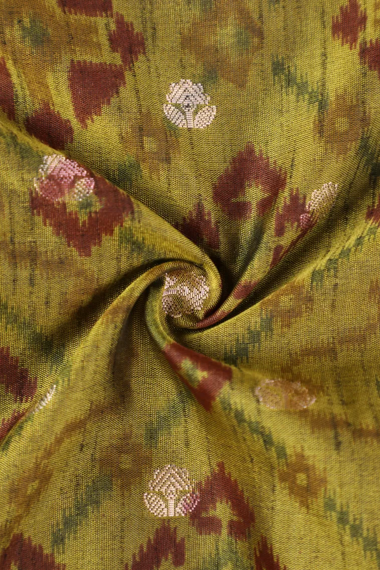Olive Green Semi Tussar Silk with Bronze Zari Geometric Shapes view 4