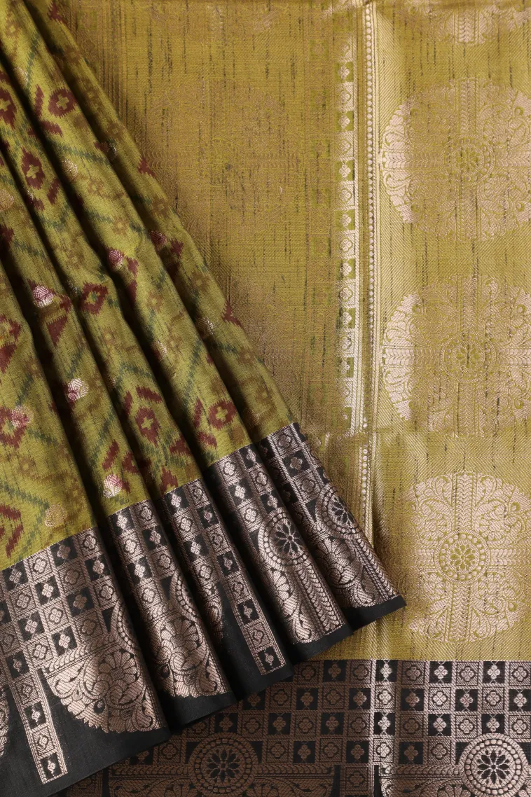 Olive Green Semi Tussar Silk with Bronze Zari Geometric Shapes view 1