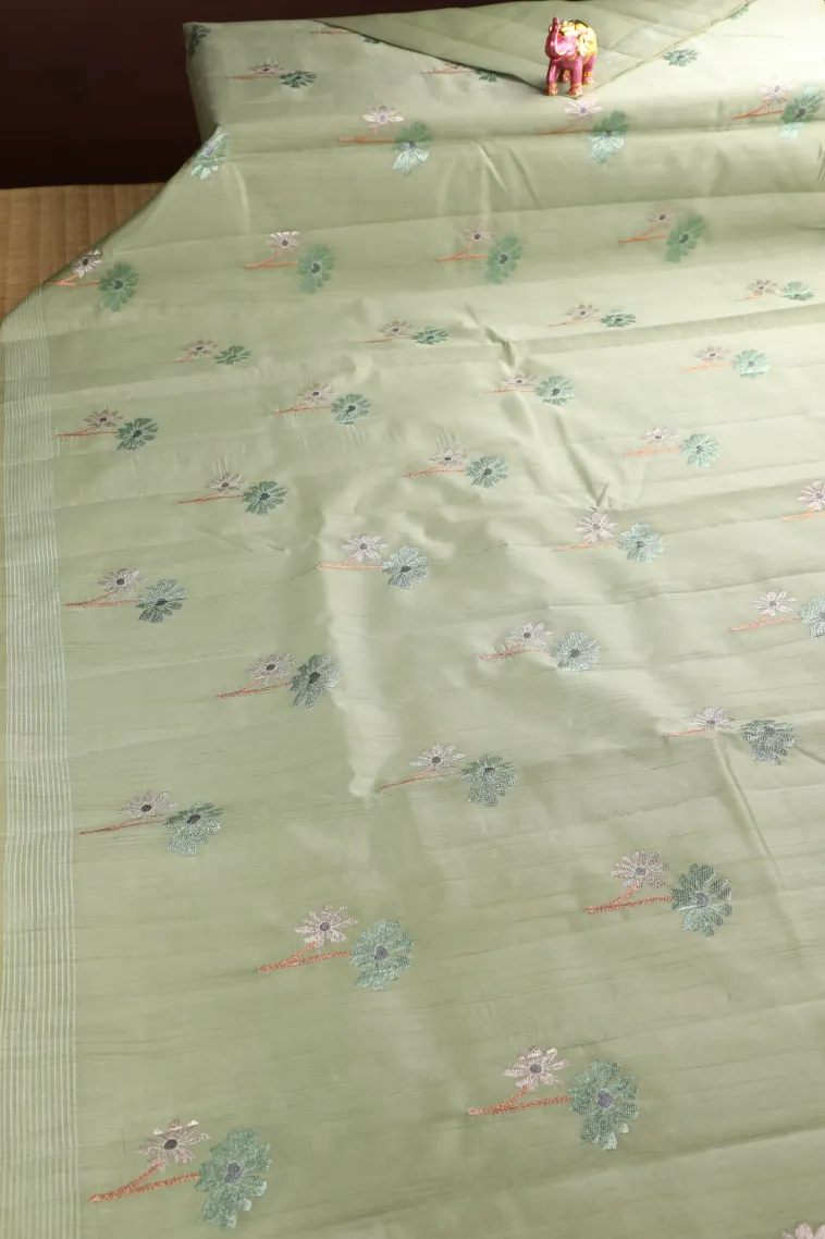 Pistachio Green Raw Silk Sarees with Thread Zari Flower Mottif view 2