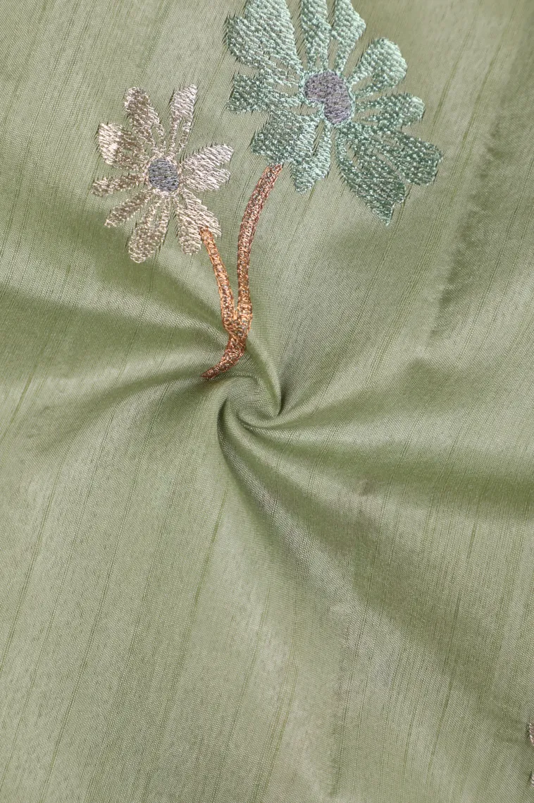 Pistachio Green Raw Silk Sarees with Thread Zari Flower Mottif view 4
