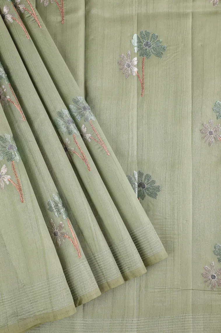 Pistachio Green Raw Silk Sarees with Thread Zari Flower Mottif view 1