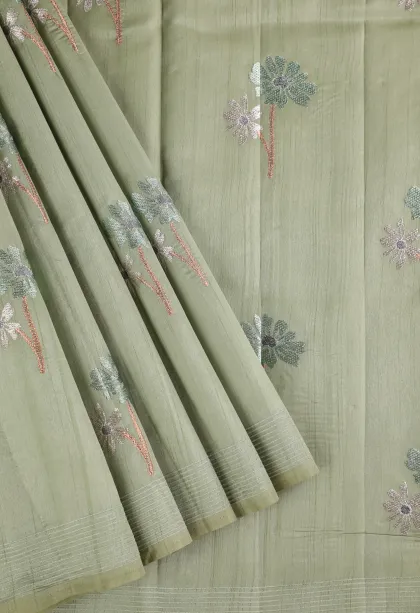 Pistachio Green Raw Silk Sarees with Thread Zari Flower Mottif