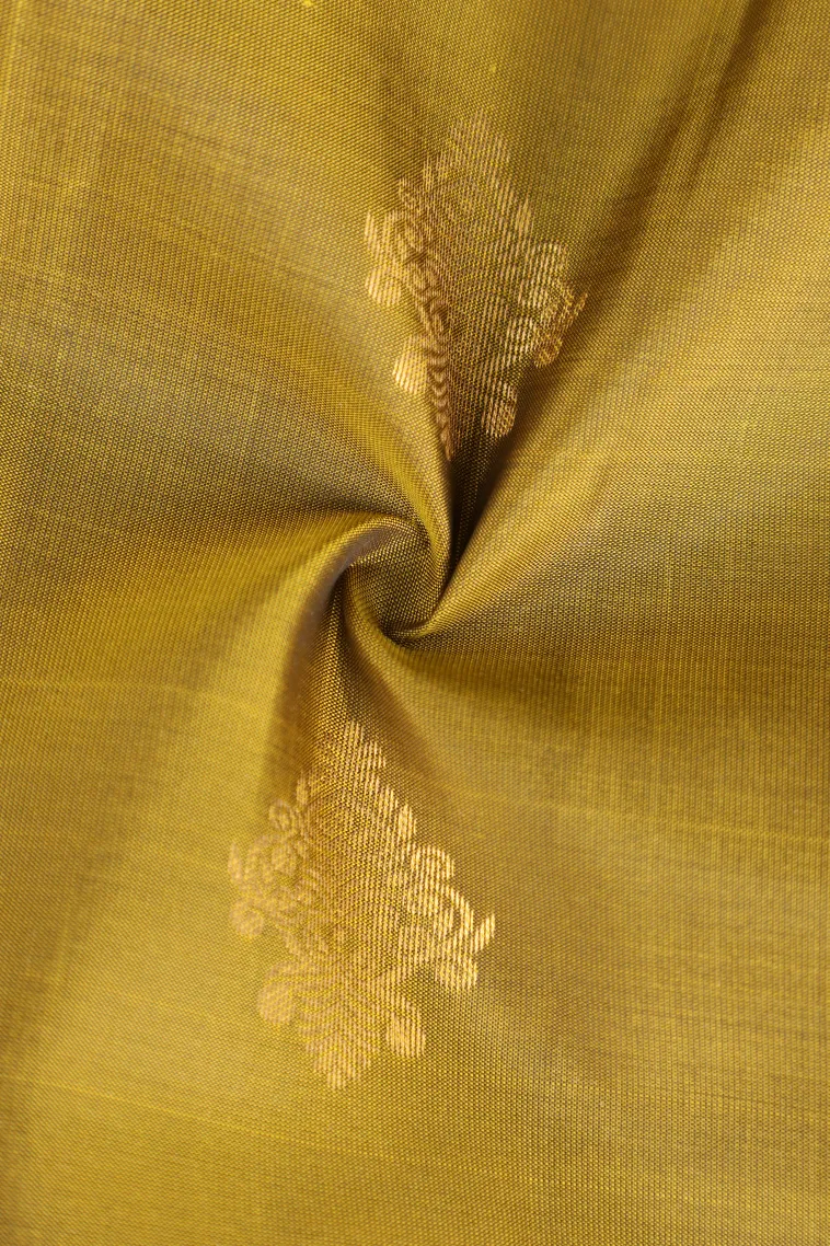 Olive Green Soft Silk Saree with Gold Zari Floral Puttas view 4